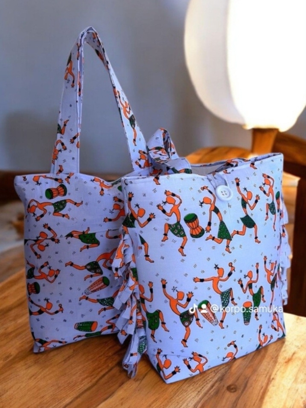 Orange Print Cotton Tote Bag - Light Blue